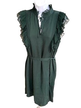 Sweetface Forest Green Ruffle Sleeve Silk Mini Dress